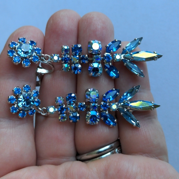 Jewelry - Vintage signed Sherman designer earrings with blue aurora borealis stones